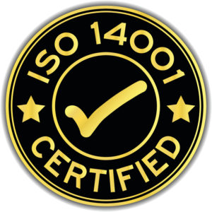 Black and gold color ISO 14001 certified with mark icon round sticker on white background